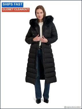 Tahari Nellie Maxi Quilted Puffer Coat Faux Fur Hood Bib Winter